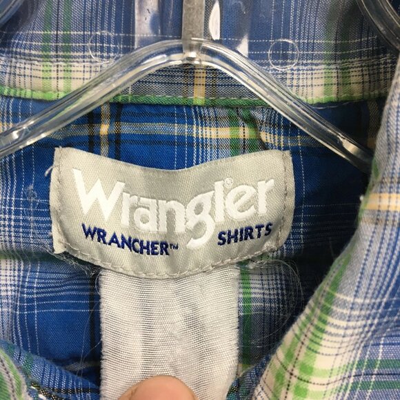 Wrangler Button Up Shirt Medium Men Blue Plaid Pearl Snap Pockets Western Cowboy - Picture 8 of 8